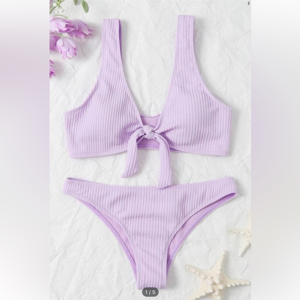 Purple textured knot-front bikini swim suit